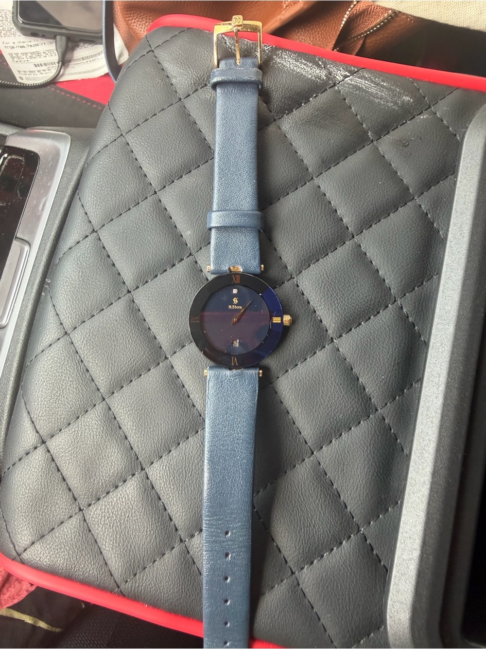 Blue Leather Strap Wristwatch with Gold Accents
